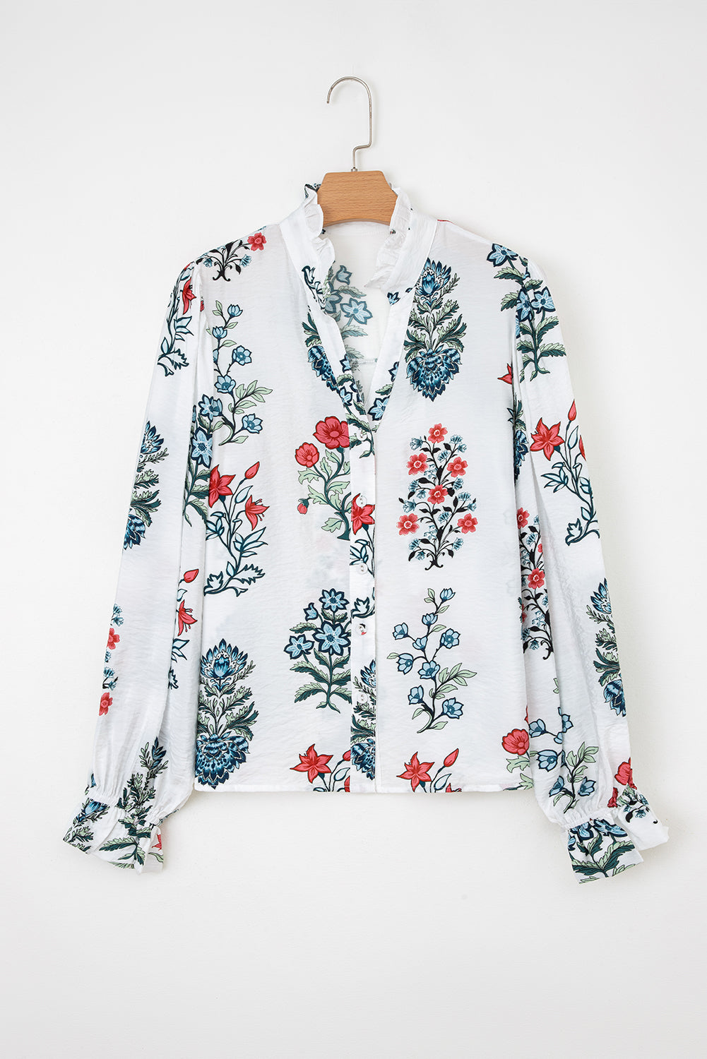 White Floral Print Frilled Collar V-Neck Long Sleeve Shirt - eAura