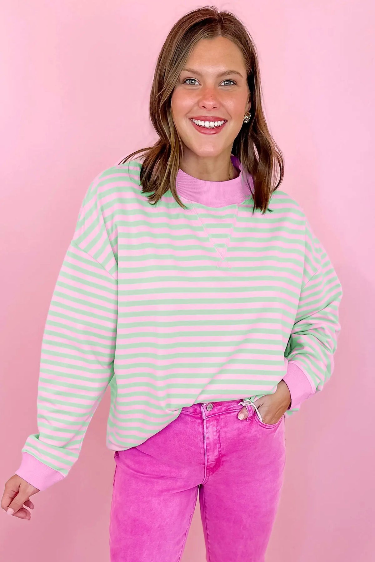 Green Stripe Striped Stand Neck Long Sleeve Sweatshirt
