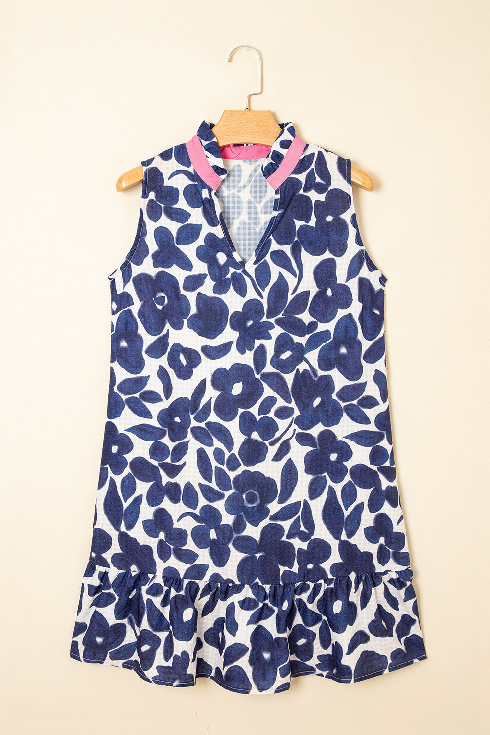 Blue Floral Sleeveless Notched V Neck Mini Dress eAura