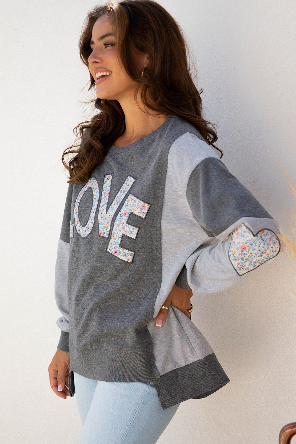 LOVE Graphic Exposed Seam Patchwork Uneven Hem Chic Sweatshirt - eAura