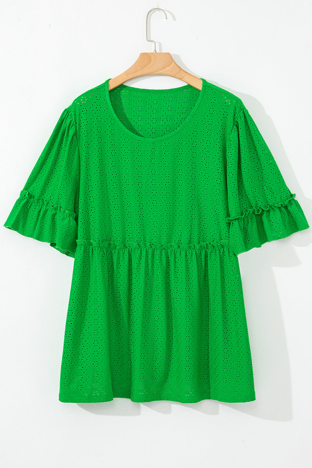 Green Textured Frilled Short Sleeve Plus Size Babydoll Blouse BB Fashion Outlet