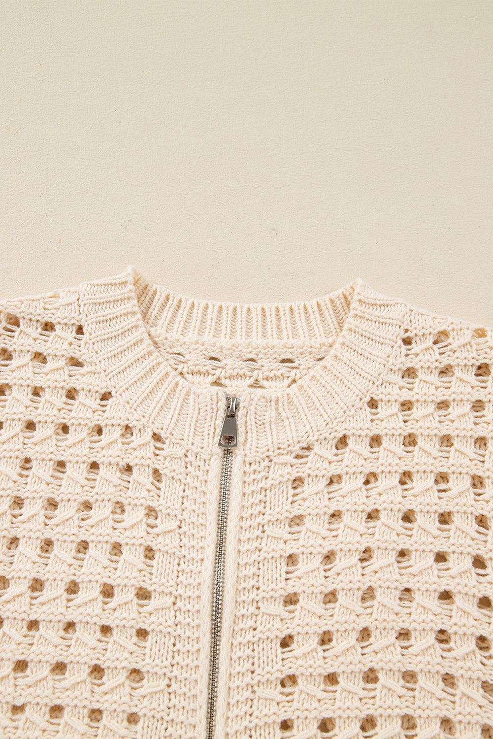 Beige Hollowed Knit Zip-Up Drop Shoulder Cardigan - eAura