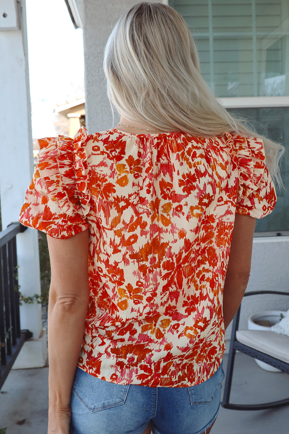 Orange Floral Print Ruffled Short Puff Sleeve Split Neck Blouse BB Fashion Outlet