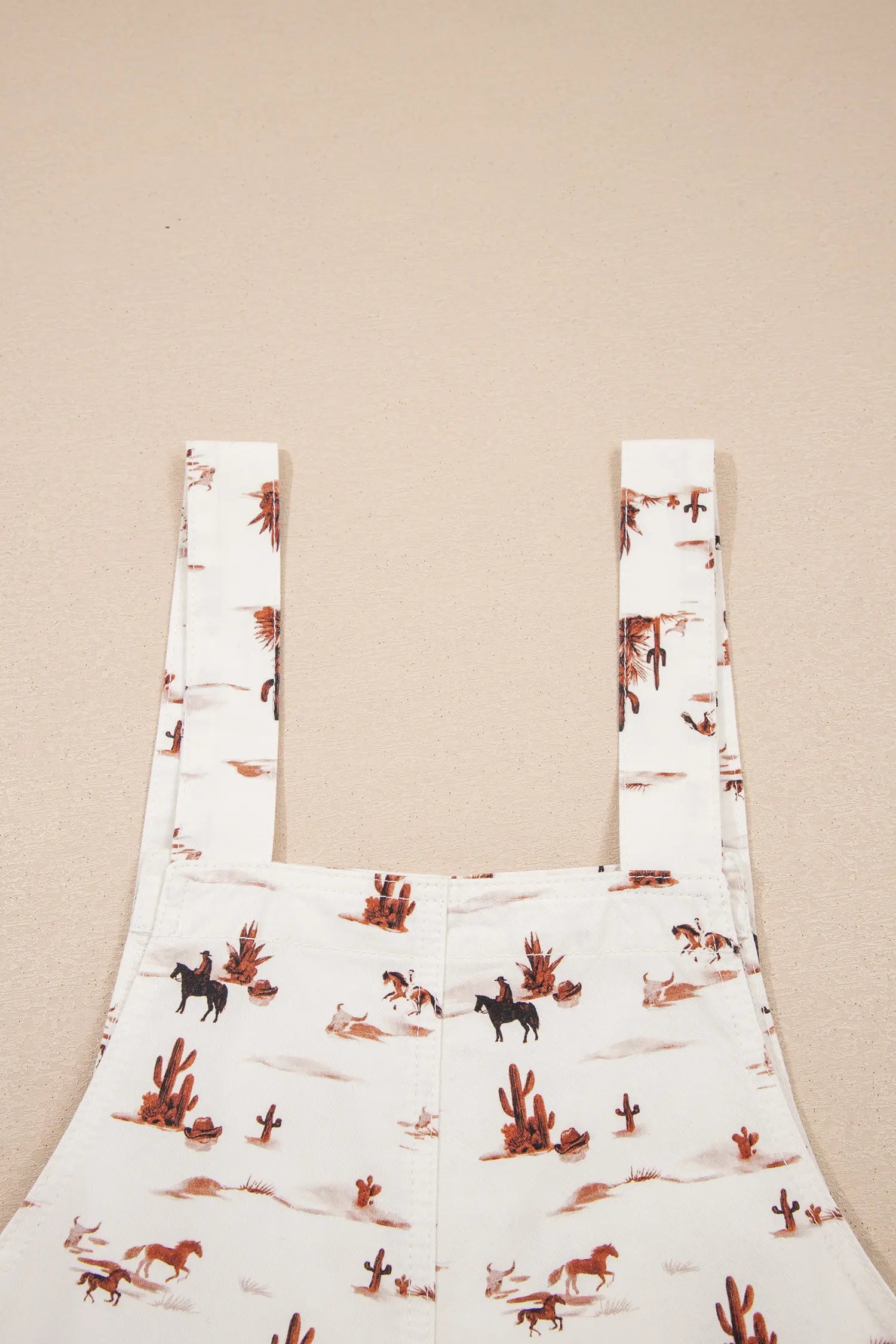 Western Print Adjustable Strap Loose Dungaree Jumpsuit – Beige