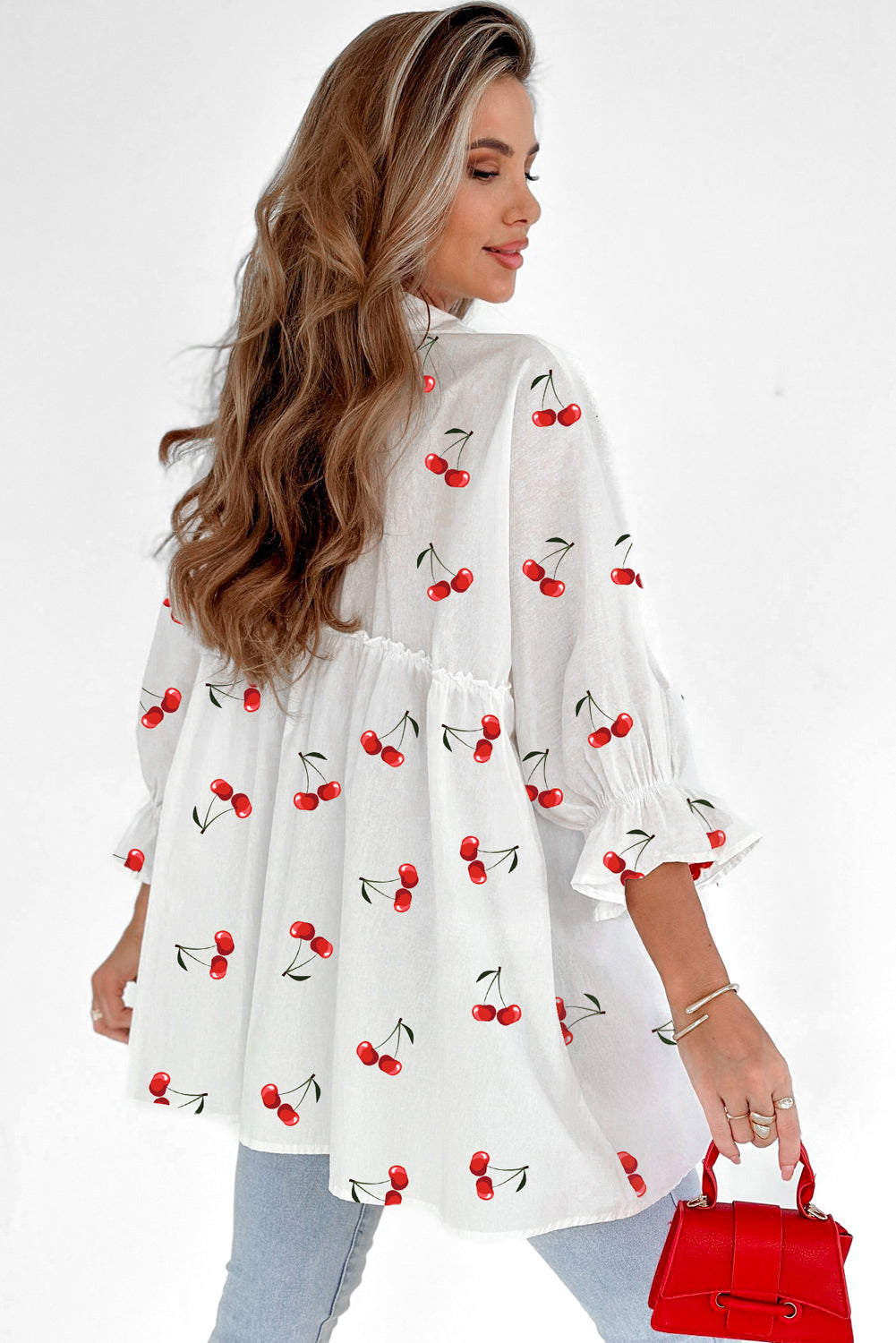 White Cherry Print Collared Frilled Babydoll Blouse - eAura
