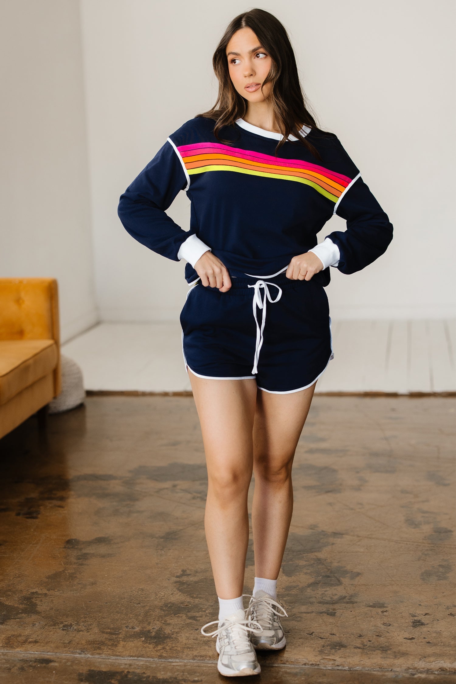Colourful Striped Accent Varsity Long Sleeve Pullover and Shorts Co-ord Set - Two Piece Sets/Short Sets