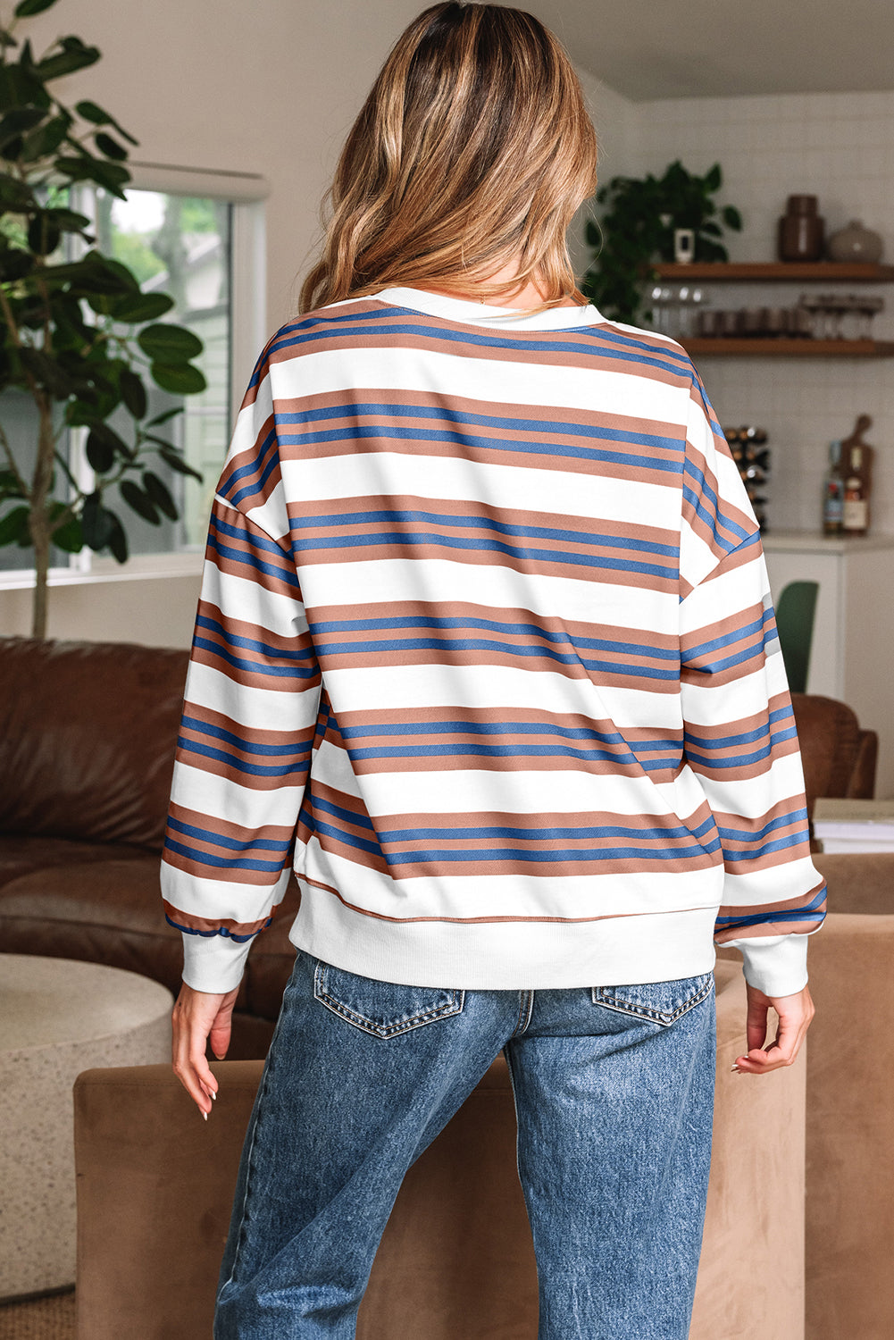 Stripe Crew Neck Drop Shoulder Pullover Sweatshirt - eAura