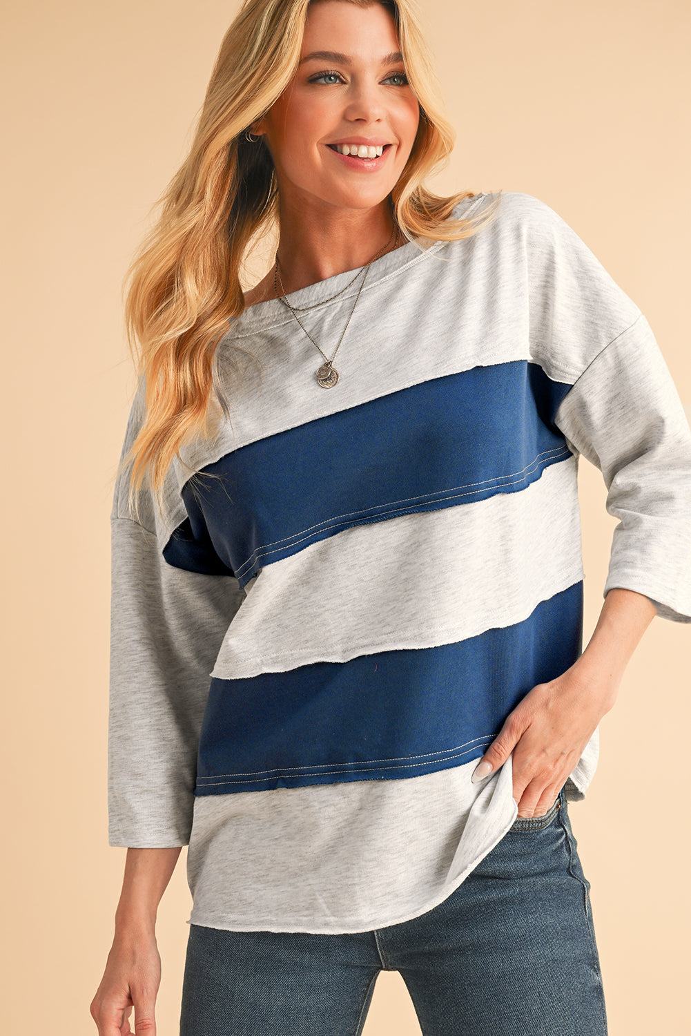 Striped Patchwork 3/4 Sleeves Raw Edge Sweatshirt - eAura