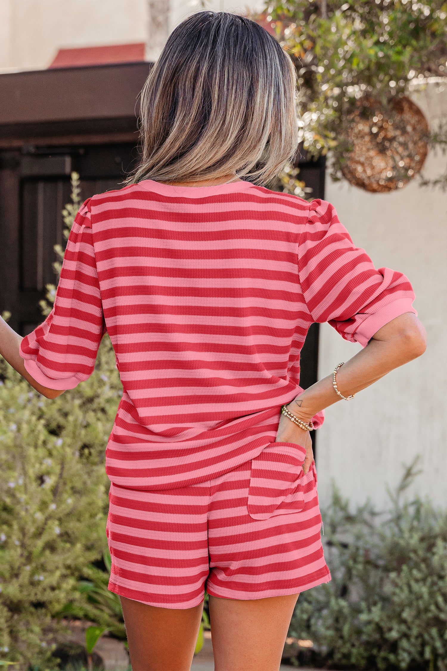 Puff Short Sleeve T Shirt Matching Shorts Set – Green Stripe