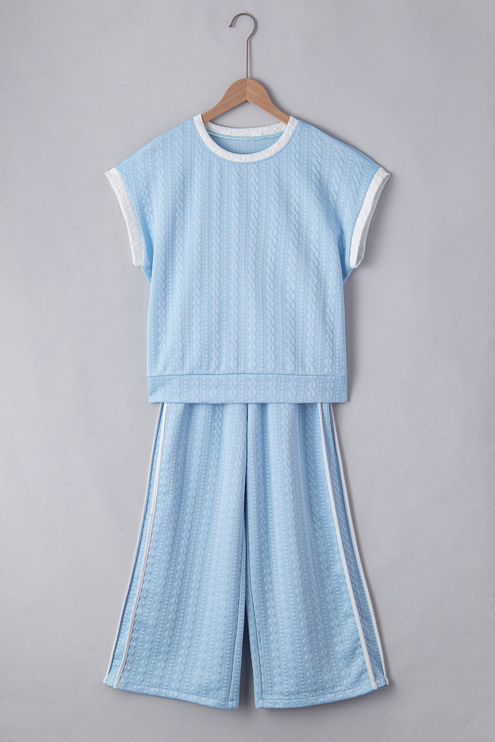 Beau Blue Textured Colourblock Edge Tank Top High Waist Trousers Set eAura