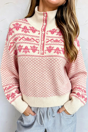 Cozy Abstract Print Button Stand Neck Casual Sweater