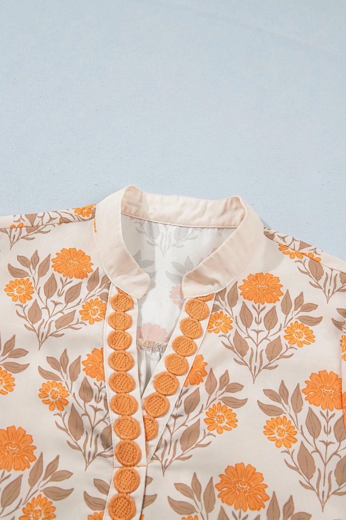 Floral Print Contrast Detail V Neck Long Sleeve Blouse – Orange