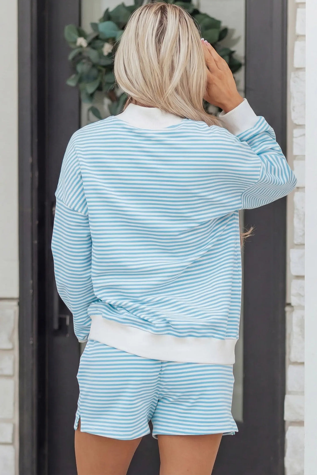 Stripe Oversize Mock Neck Sweatshirt and Shorts Set