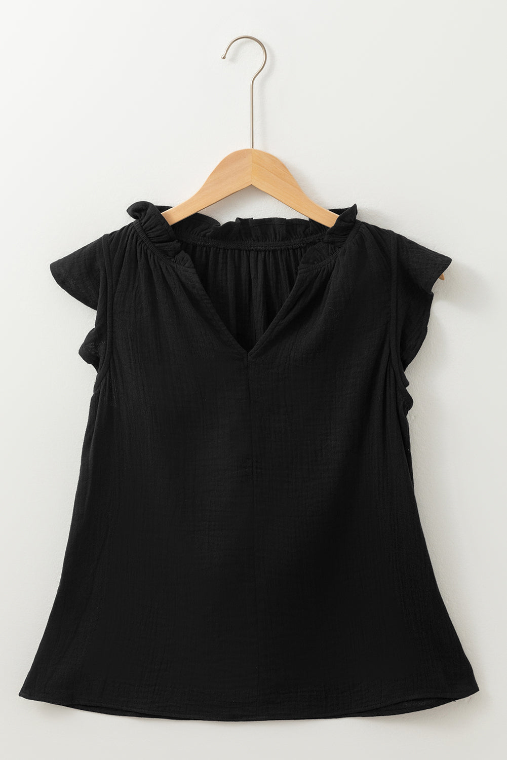 Black Ruffled Shoulder V Neck Shift Tank Top eAura