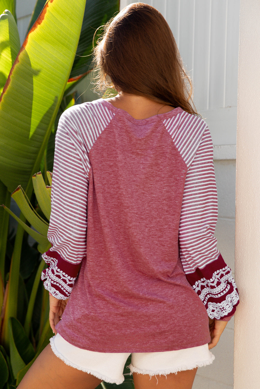 Contrast Print Striped Raglan Long Sleeve Loose Top - eAura