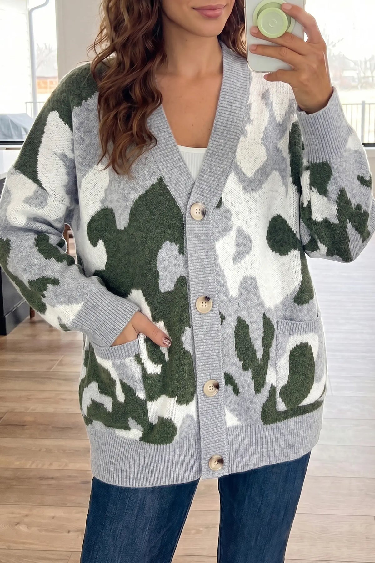Camouflage Drop Shoulder V Neck Button Front Cardigan – Green