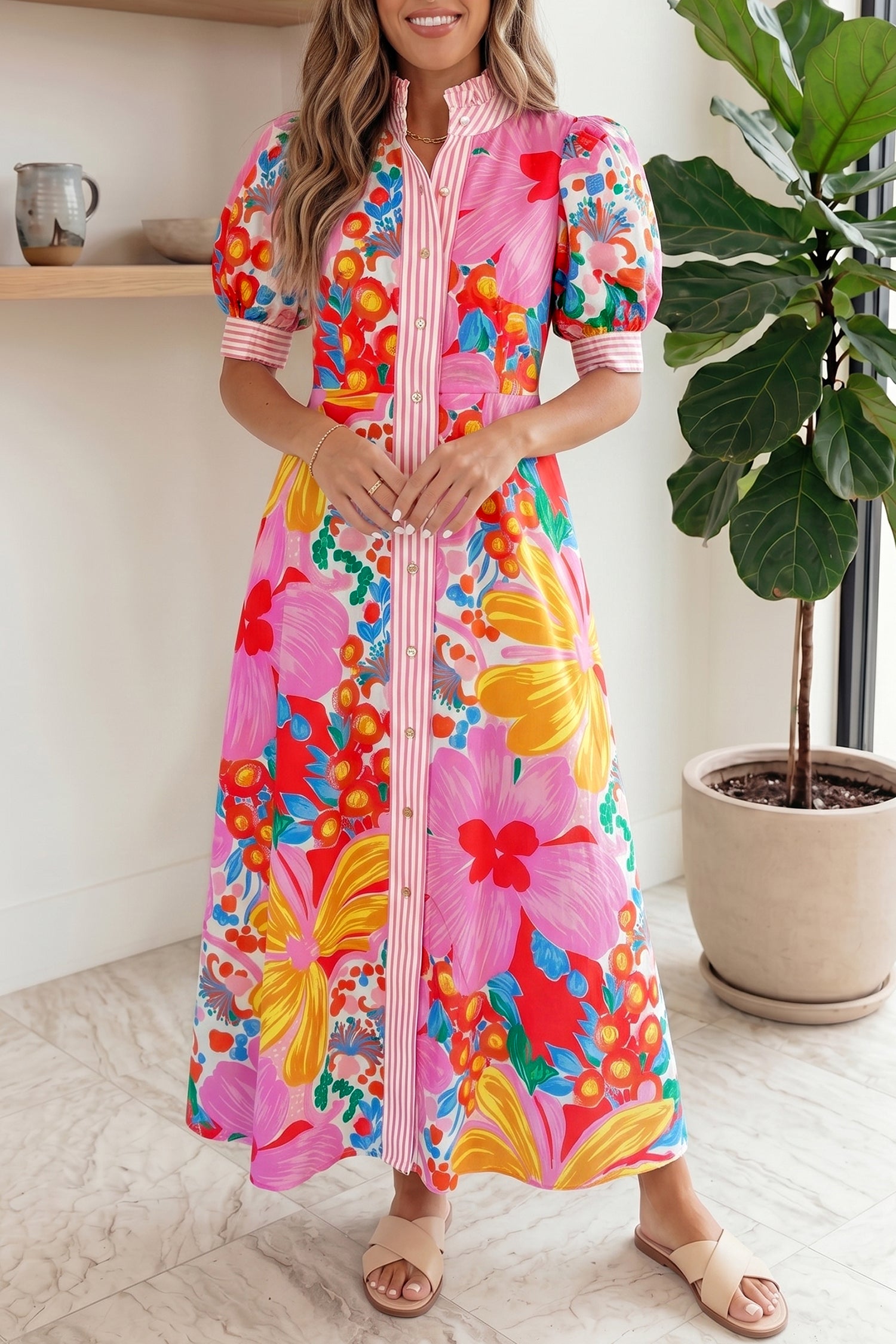 Floral Print Striped Trim Button-Down Shirt Dress