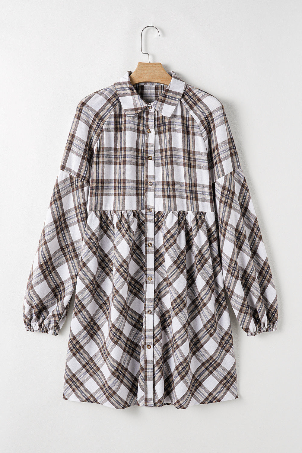 White Plaid Bubble Sleeve Flowy Shirt Dress eAura