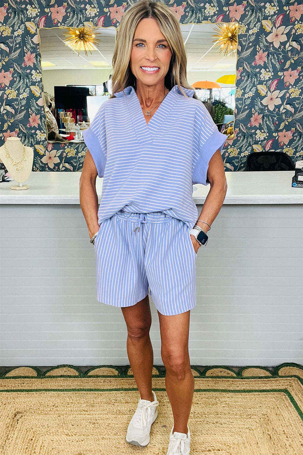 Sky Blue Stripe Dolman Sleeve Polo Shirt and Drawstring Shorts Set eAura