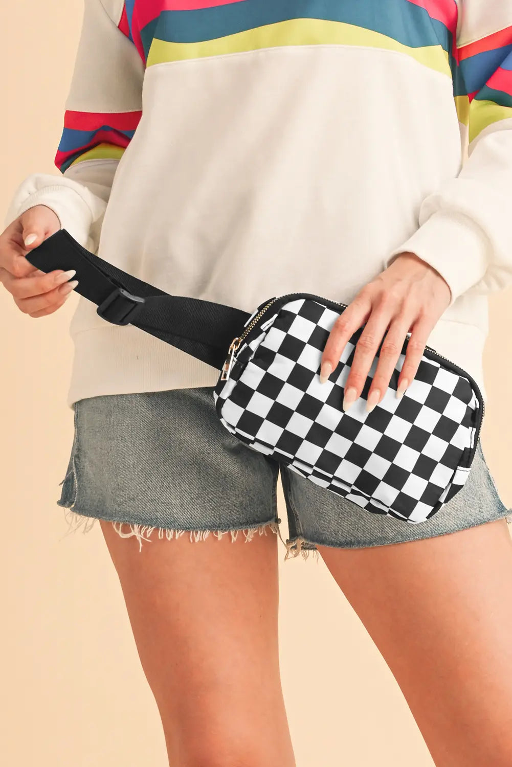 Checkered Print Buckle Wide Belt Crossbody Bag – White