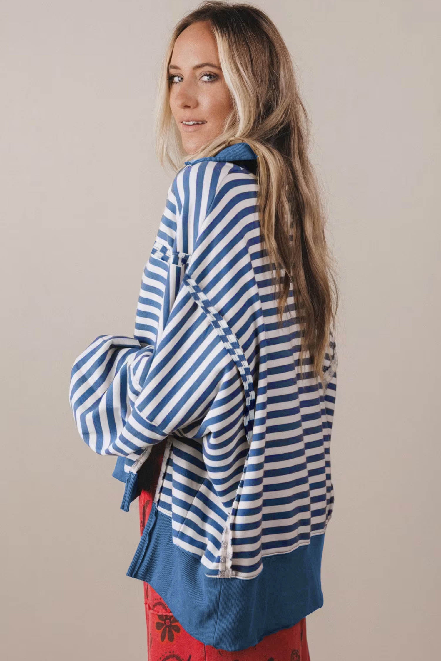 Color Block Trim Raw Seam Split Hem Loose Pullover Sweatshirt – Blue Stripe