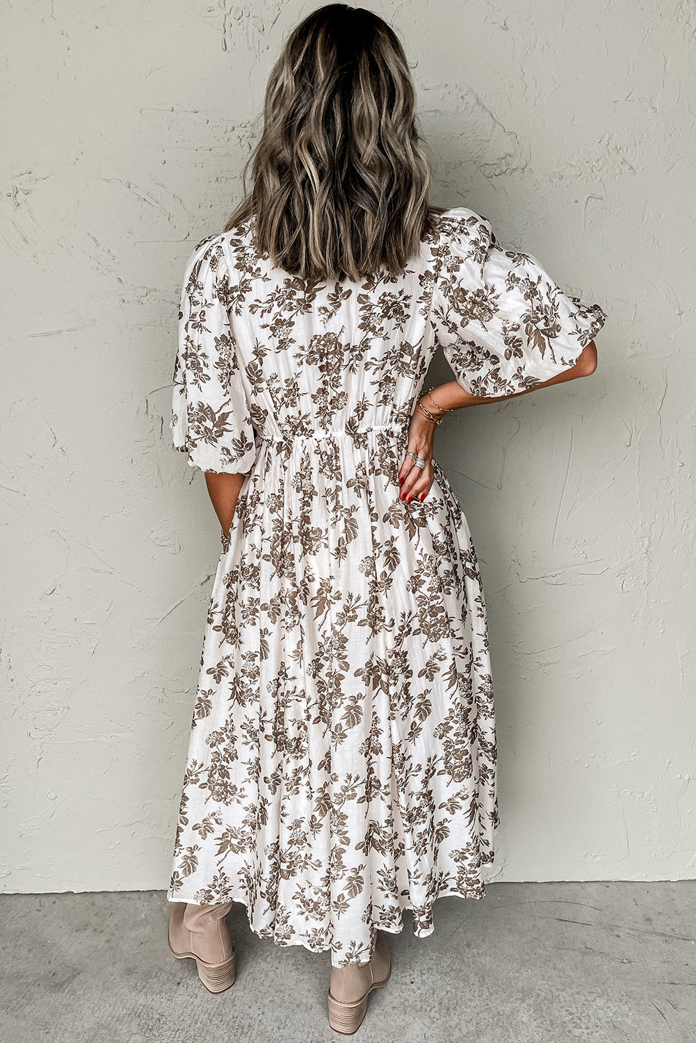 Khaki Floral Puff Sleeve V Neck Buttoned Front Maxi Dress eAura