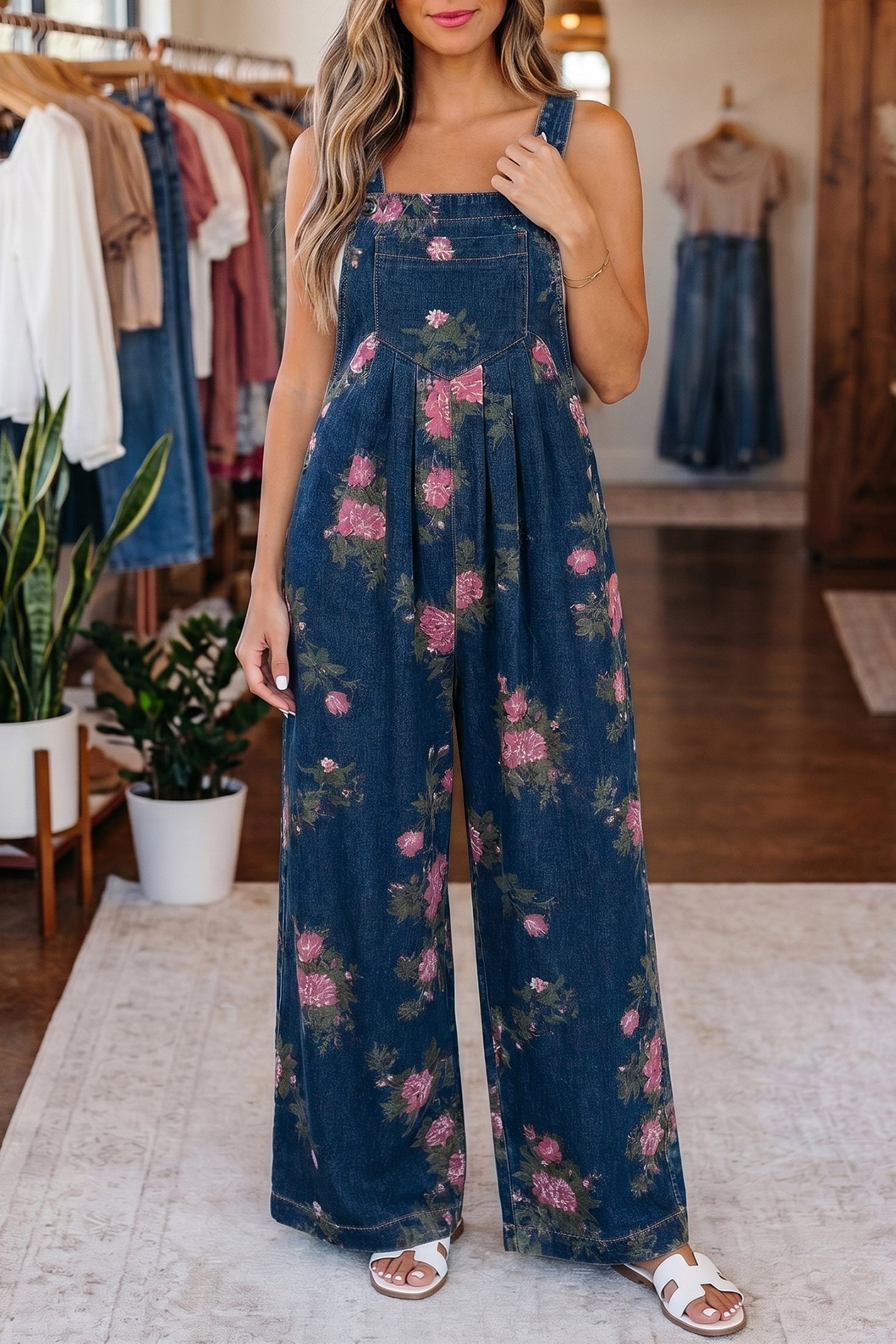 Floral Print Pleated Wide Leg Denim Jumpsuit – High Waist
