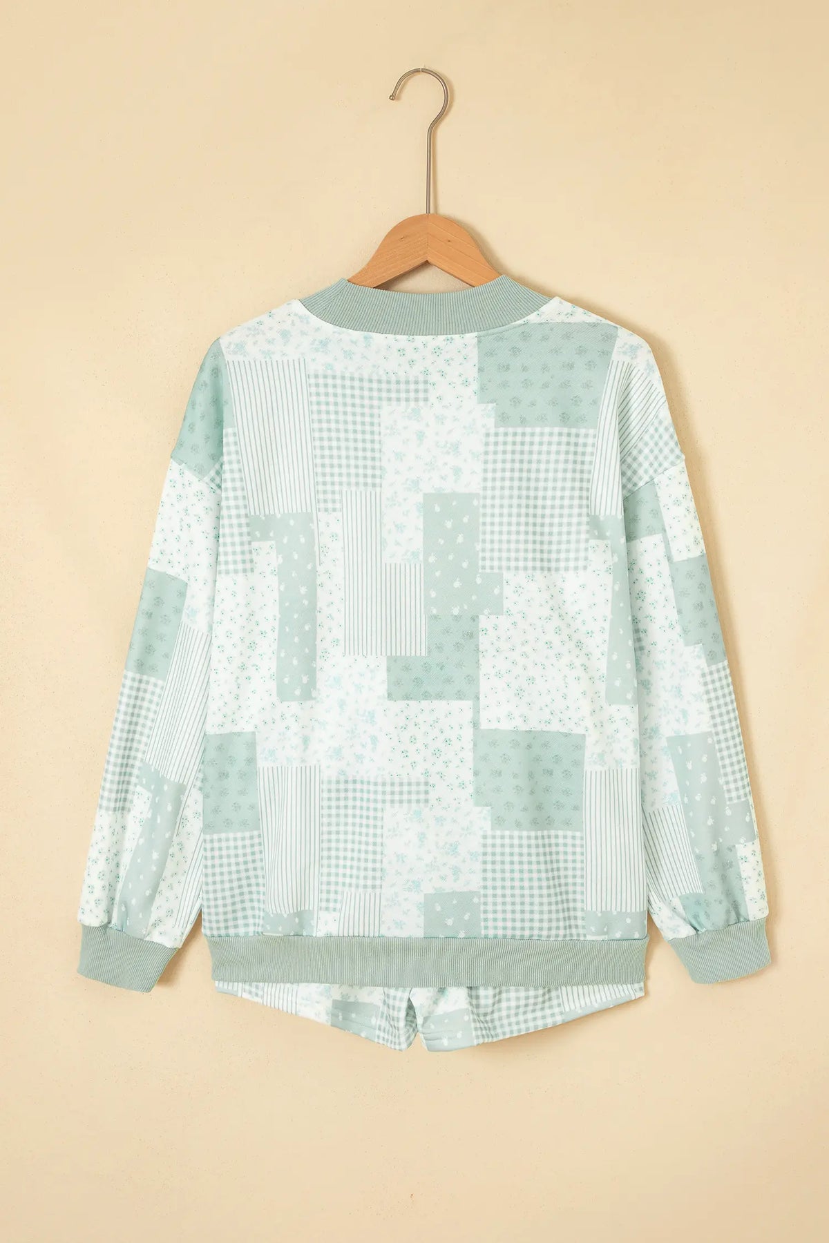 Sky Blue Patchwork Floral Print Drop Shoulder Baggy Pullover Drawstring Shorts Set – Light Blue