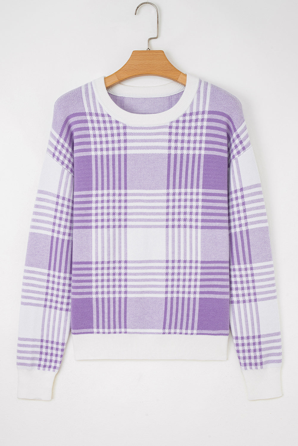 Lilac Plaid Print Ribbed Trim Loose Sweater - eAura