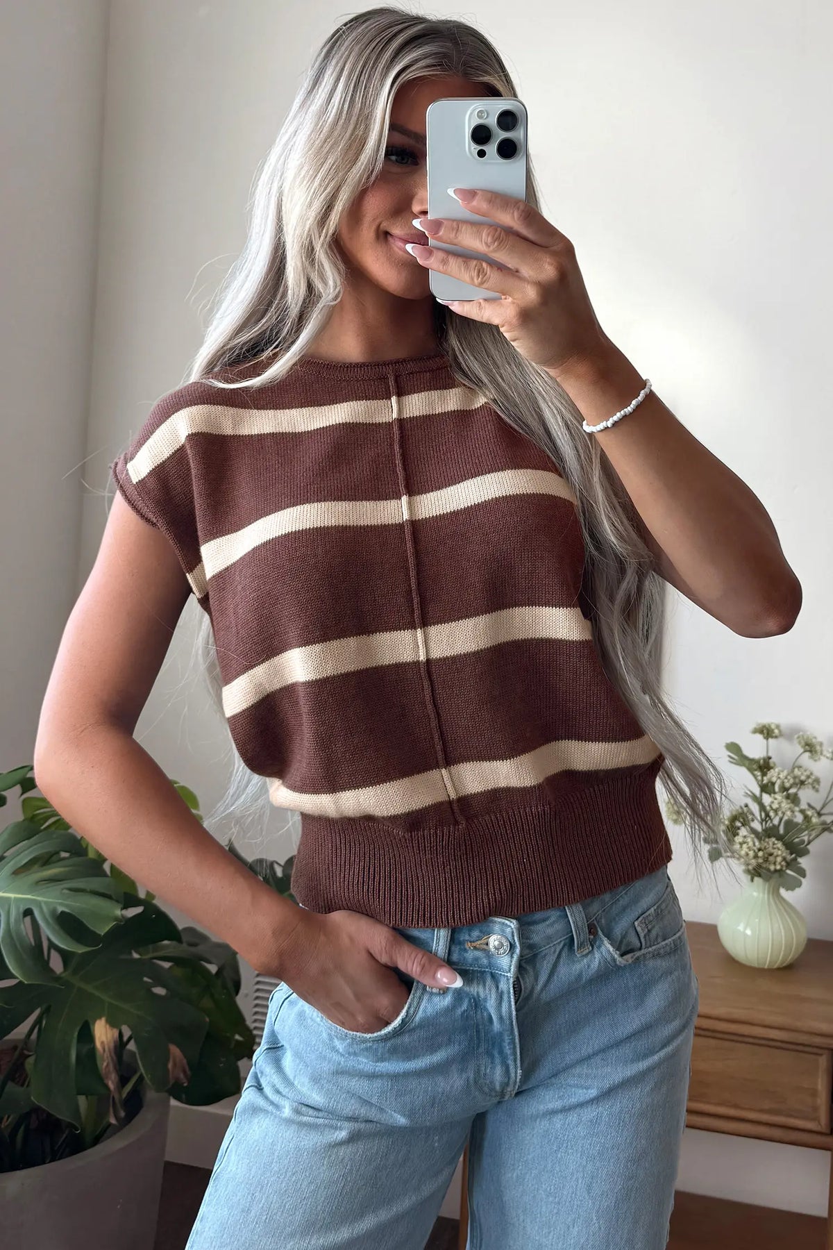 Knit Western Short Sleeve Sweater – Brown Stripe
