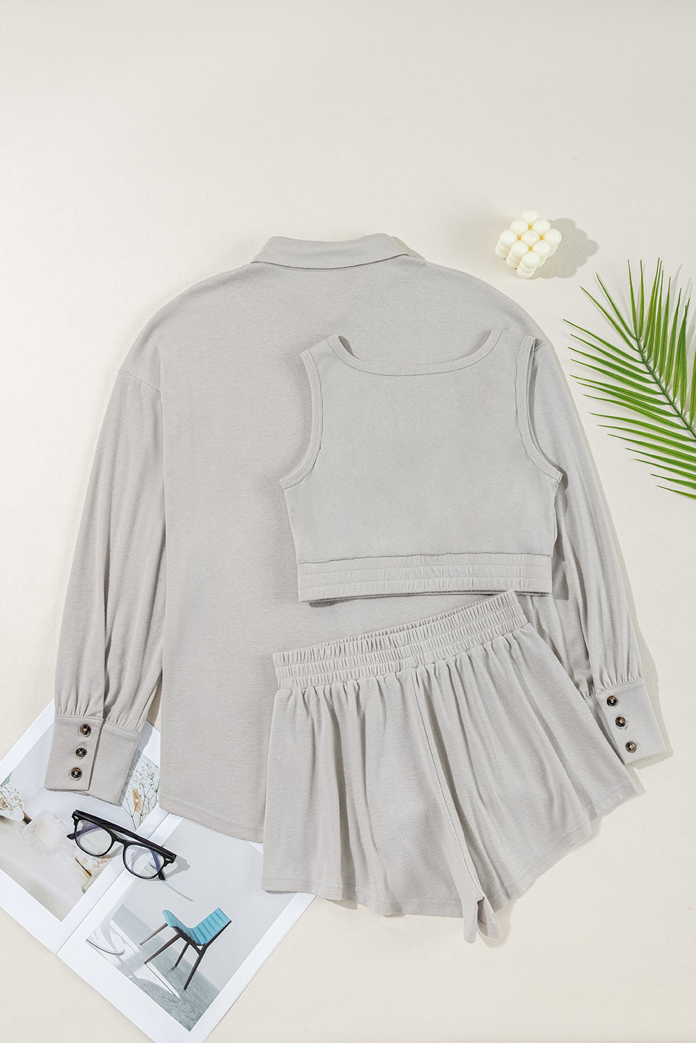 Grey 3 Pcs Crop Tank Top Shorts with Cardigan Lounge Set eAura