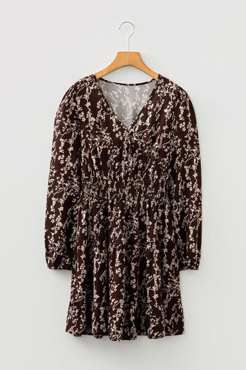 Ditsy Floral Print Split Neck Long Sleeve Shirred Waist Flared Mini Dress - Brown / S - Dresses/Mini Dresses