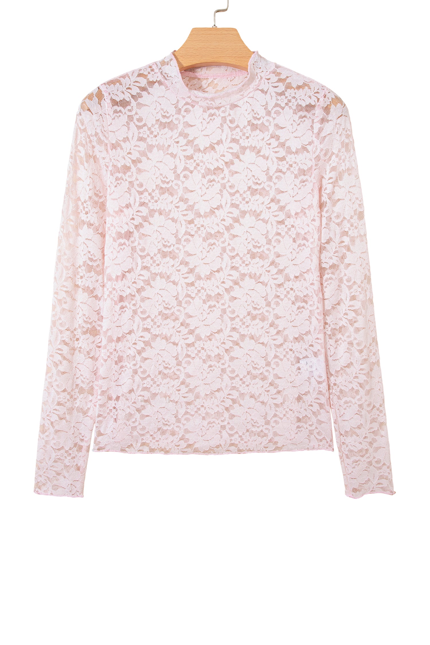 Floral Lace Long Sleeve Stand Neck Pullover Top – Light Pink