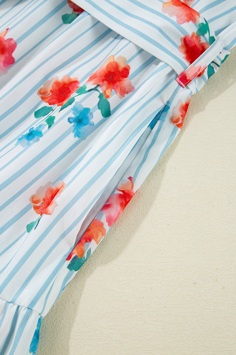 Sky Blue Stripe Floral Pattern Ruffle Short Sleeve Belted Mini Dress eAura