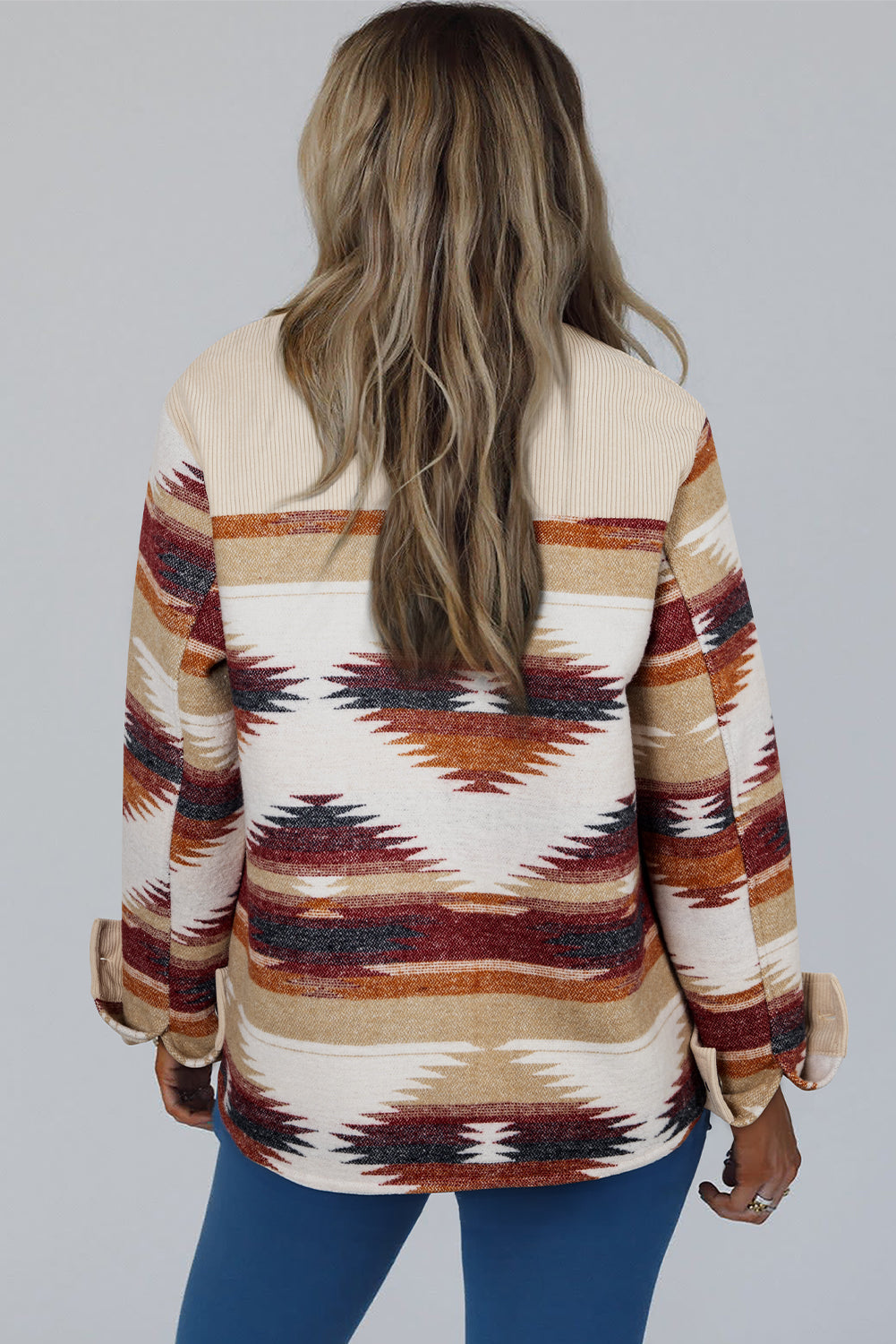 Western Aztec Ribbed Patchwork Double Flap Pocket Raw Hem Shacket eAura