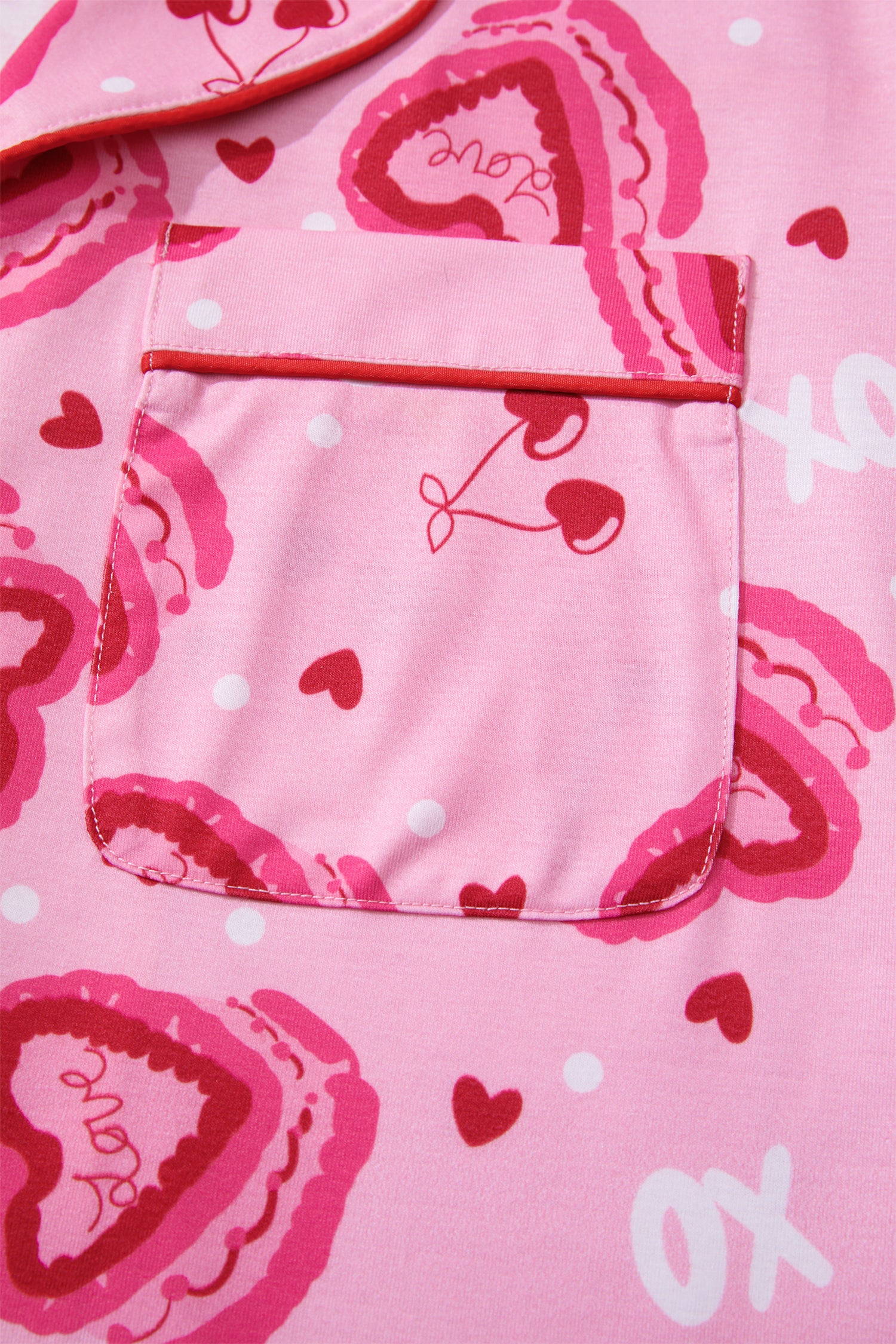 Sweet Heart Cake Print Contrast Ruffle Trim Valentines 2pcs Pajama Set – Pink