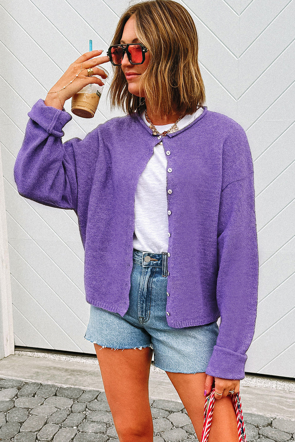 Knit Button Drop Shoulder Sweater Cardigan - eAura