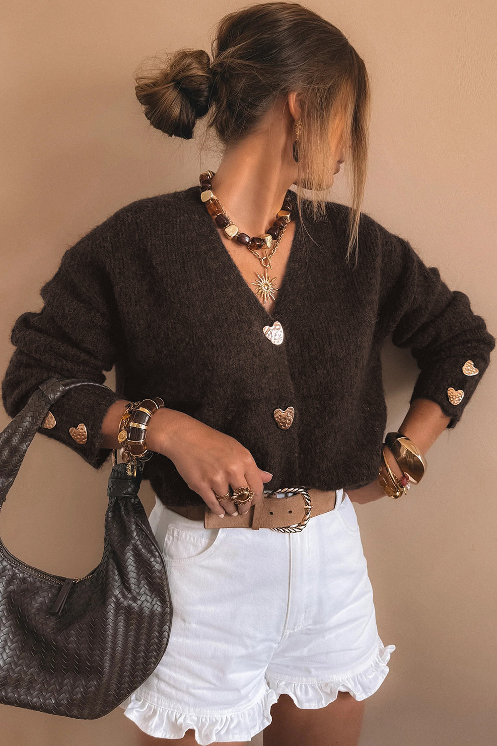 Heart Metal Button V-Neck Cardigan - eAura