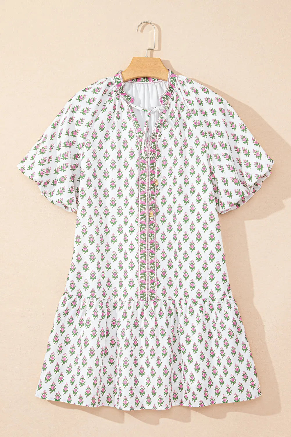Pink Floral Print Bubble Sleeve Neck Tie Ruffled Dress - Dresses/Floral Dresses