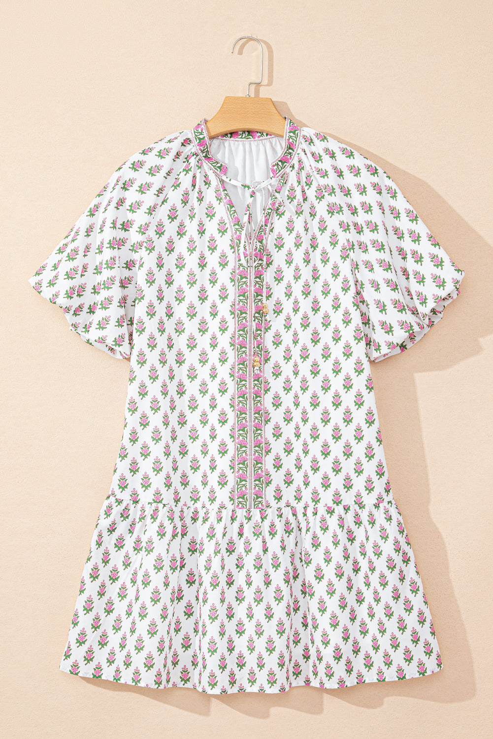 Pink Floral Print Bubble Sleeve Neck Tie Ruffled Dress eAura