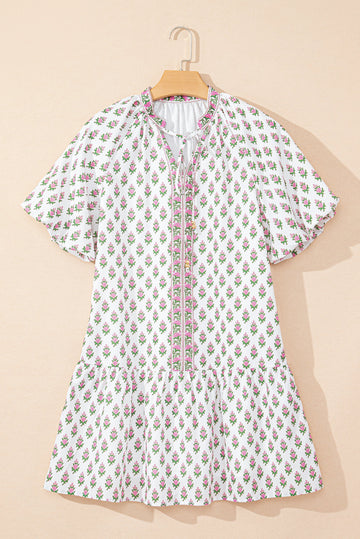 Pink Floral Print Bubble Sleeve Neck Tie Ruffled Dress - Dresses/Floral Dresses