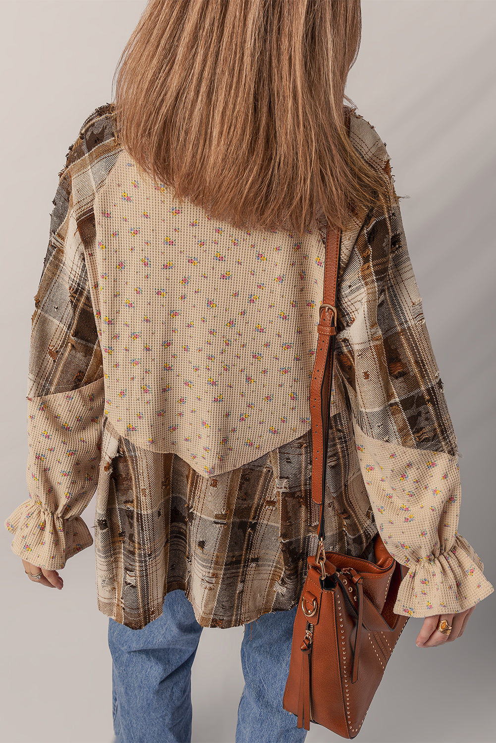 Boho Floral Plaid Patchwork Distressed Detail Ruffled Sleeve Waffle Knit Shacket - eAura