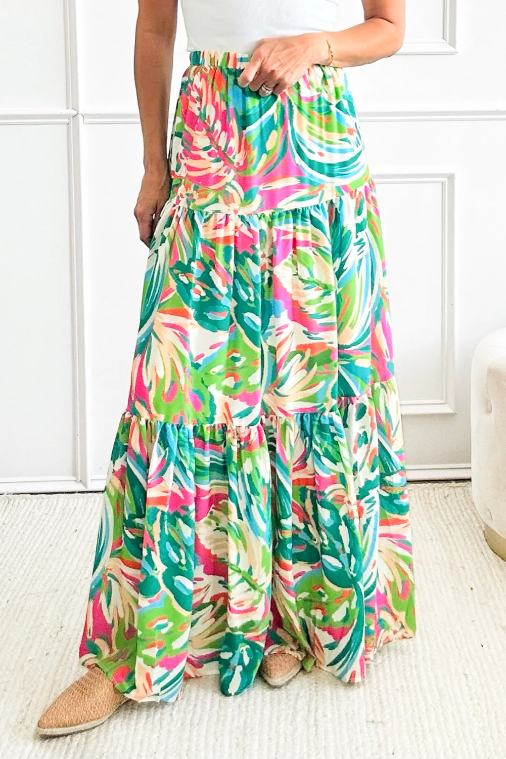 Green Abstract Printed High Waist Tiered Maxi Skirt Beagle Boutique Fashion Outlet