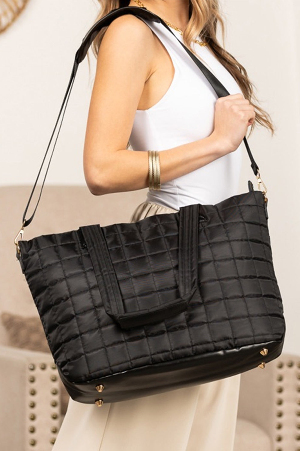 Camel Quiled Patchwork Large Tote Bag and Clutch 2pcs Set