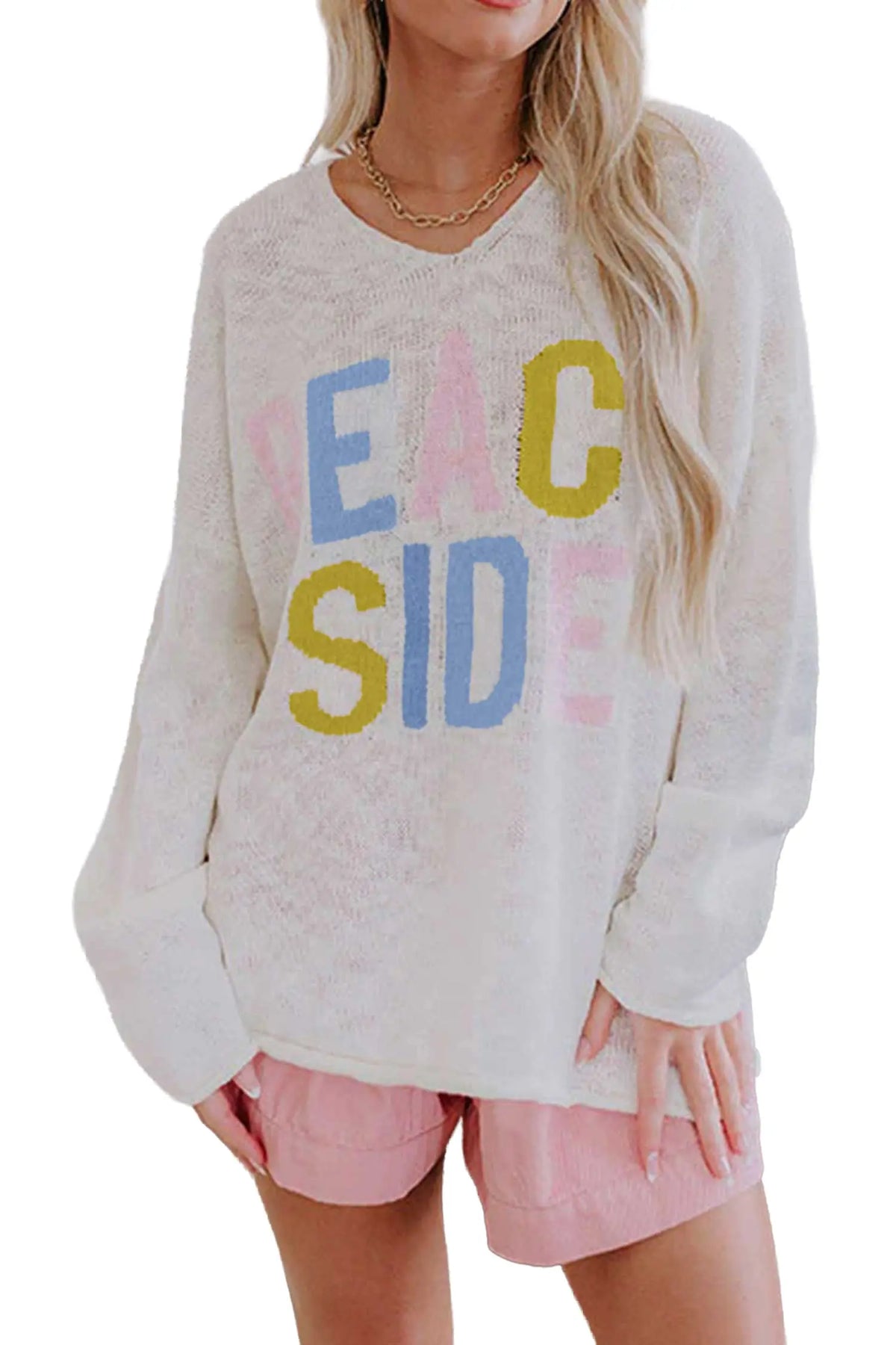 V Neck Lightweight Knit BEACH SIDE Shift Tunic Sweater – White