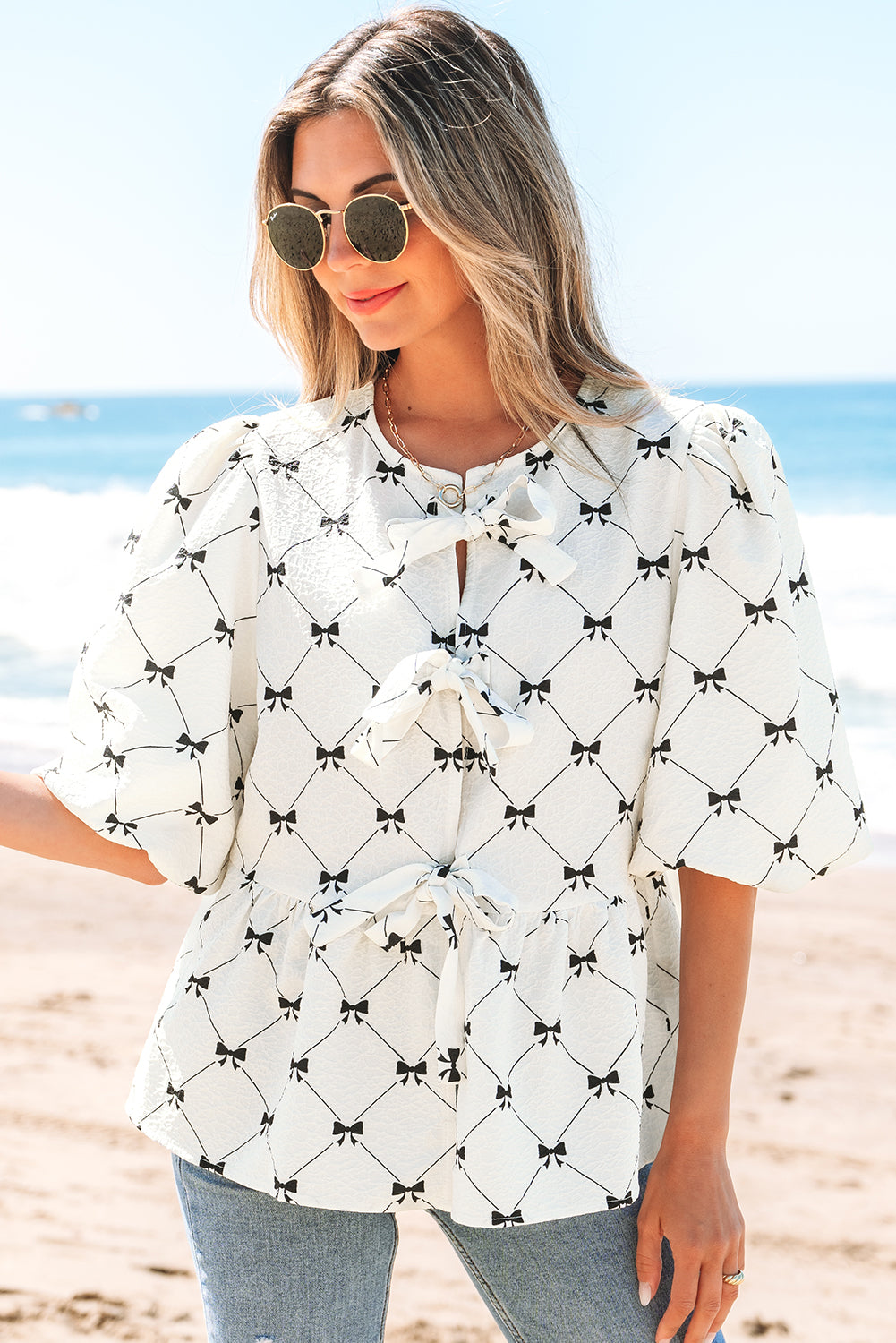 White Bowknot Print Front Knots Bubble Sleeve Blouse eAura