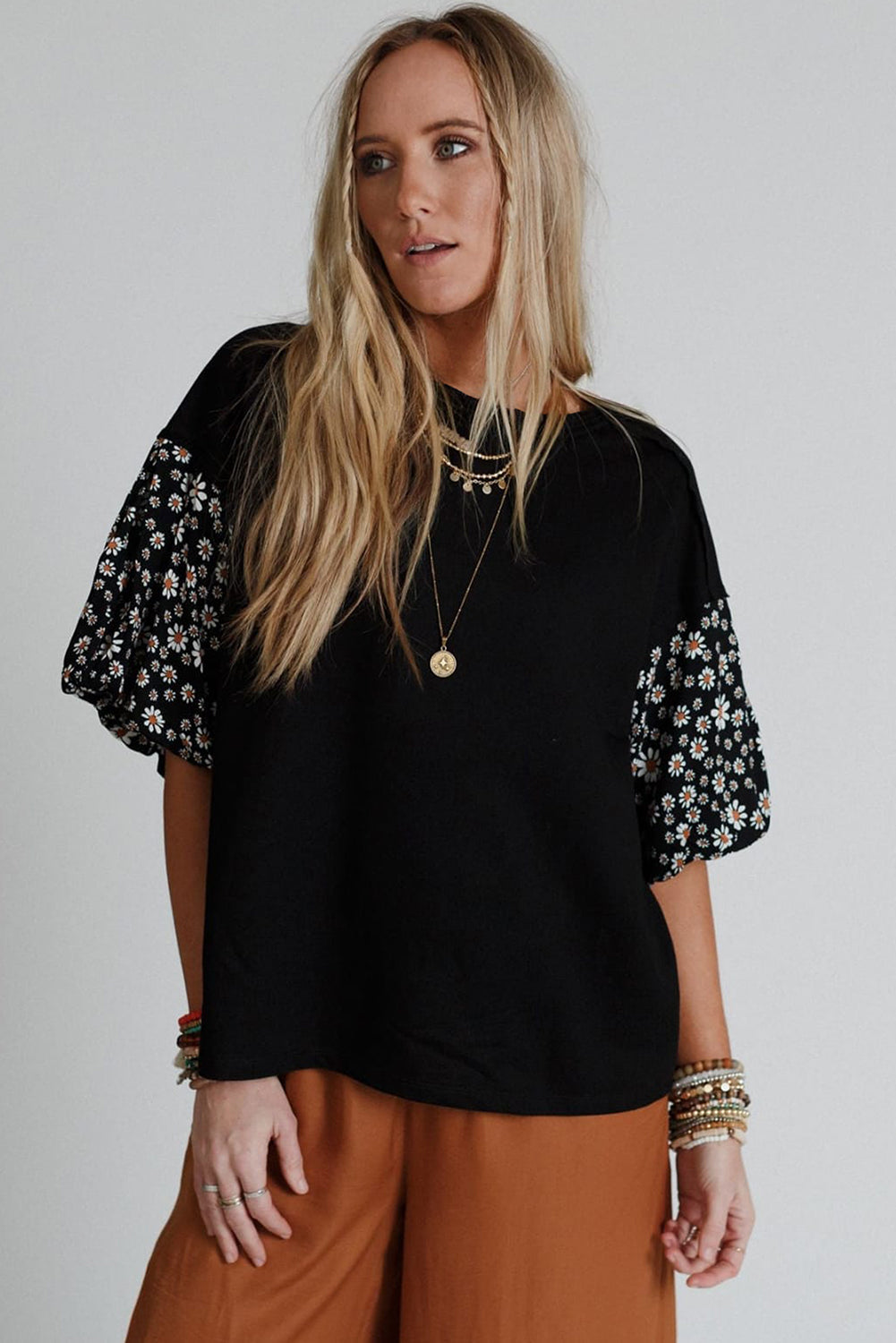 Black Contrast Floral Puff Sleeve Oversized Top eAura