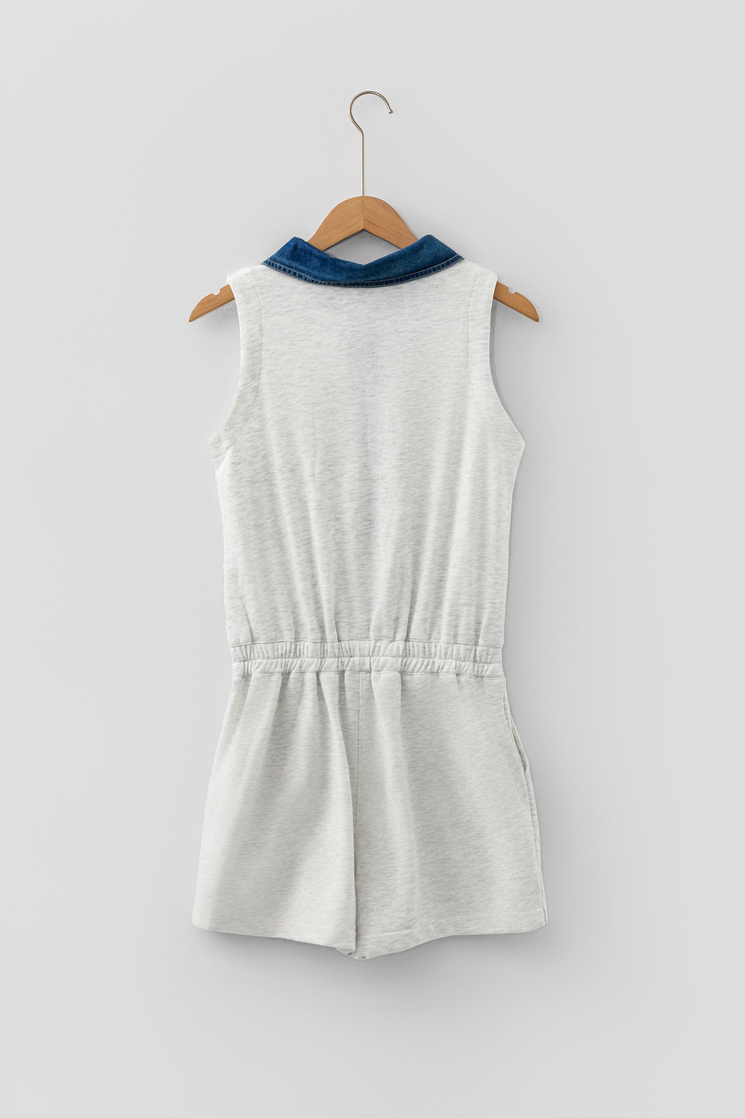 Denim Patchwork Polo Collar Elastic Waist Sleeveless Romper – Light Grey
