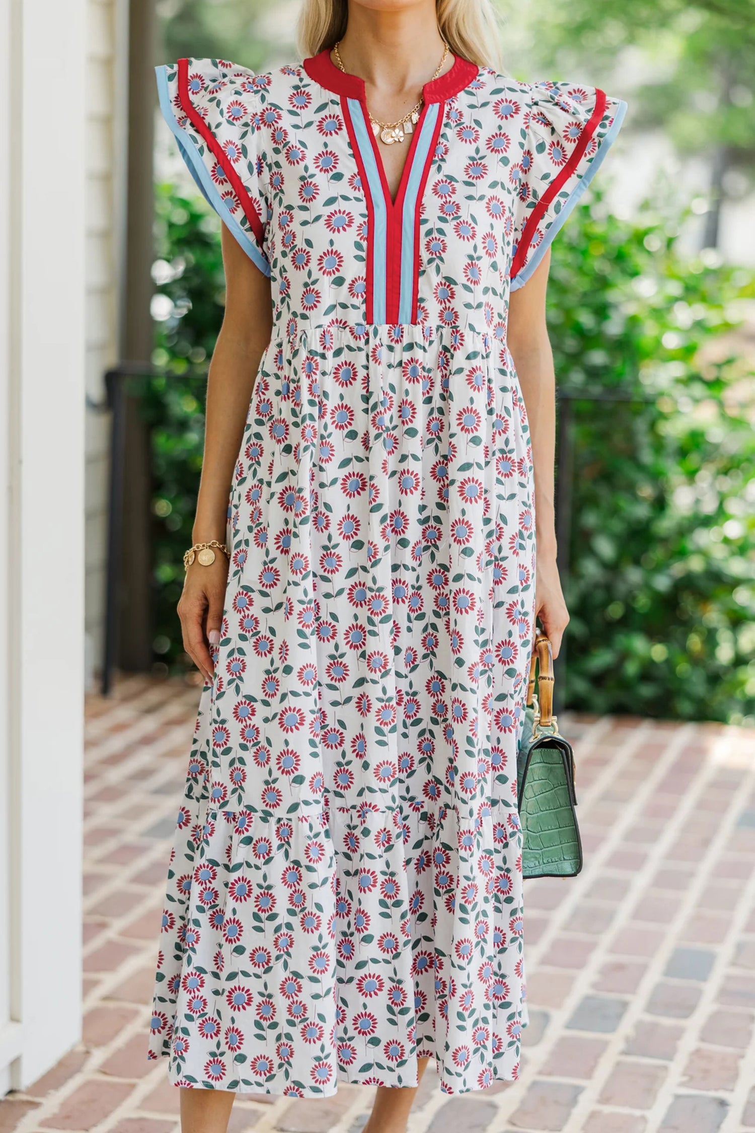 Sunflower Print Striped Patchwork Trim Flutter Sleeve Long Dress