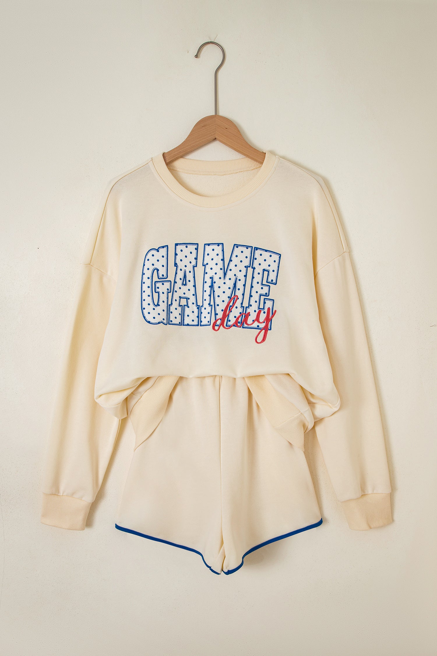 Game Day Crewneck Long Sleeve Pullover Athleisure Short Sets – Beige